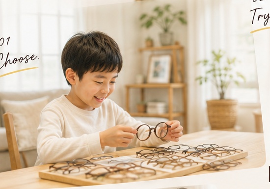 こどもが楽しそうにメガネを選んでいる様子