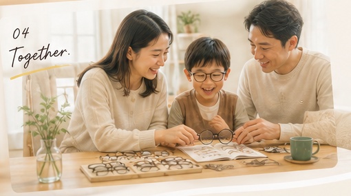 家族と一緒にメガネを選んでいる様子