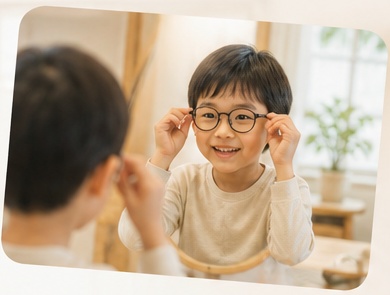 鏡の前でメガネを試着するこども